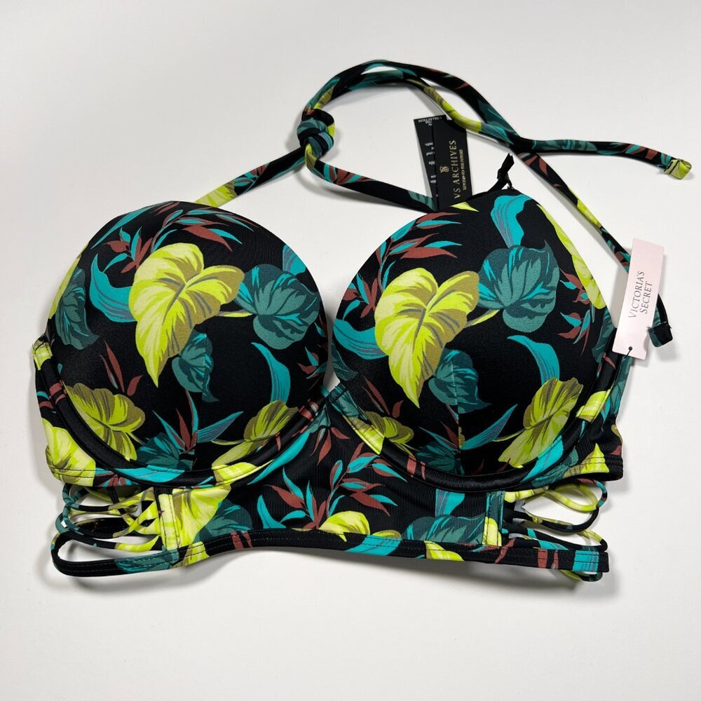 Victorias Secret 32D Bombshell Bikini Top Longline Adds 2 Cups Black Green